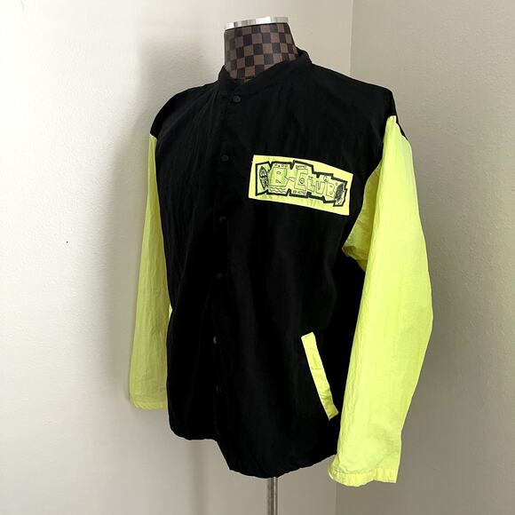 Vtg 80s 90s B-Club Baseball Jacket S/M Black Neon Yellow Coat Snap Baseball - Picture 2 of 12